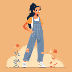 Fashionable girl with long hair in casual overalls and sneakers.