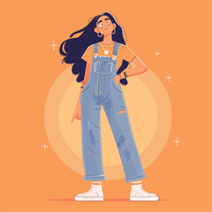 Fashionable girl with long hair in casual overalls and sneakers.