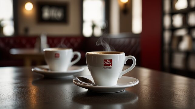 Authentic Italian coffee shop. Strong espresso pours into a white cup, shaped like Illy's signature cup.