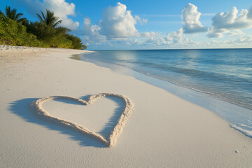 romantic picture heart with space for text drawn on white sand on exotic beach with clear turquoise ocean for valentines day or wedding, generative AI