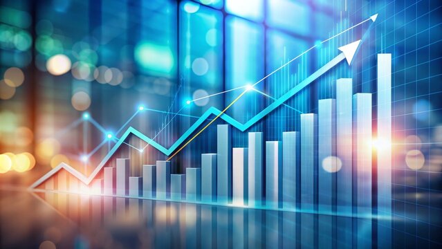Upward sloping graph with arrow trend line, rising bars, and growing metrics on a blurred background, indicating business growth, success, and progress.