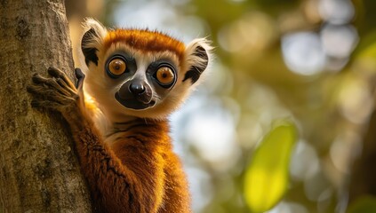 Red-fronted lemur clings to tree trunk.
