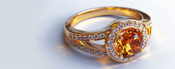 Shiny gold ring with topaz and diamonds on white background, 4K hyperrealistic photo