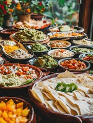 Fototapeta premium Festive Mexican Buffet with Enchiladas, Guacamole, and JalapeÃ±os, Traditional Cuisine and Decorations Surrounding