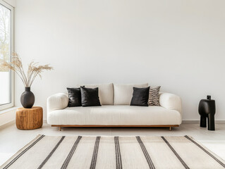 Contemporary living room with black accents and soft textures