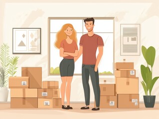Young Couple in Their New Home Surrounded by Packed Boxes on Moving Day - Cartoon Illustration