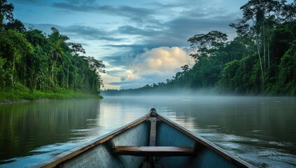 Fototapeta premium Boat on misty river surrounded by jungle.