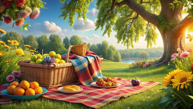 Vibrant 3D illustration of a colorful blanket spread under a tree, adorned with a wicker basket, fruit, and flowers, perfect for a serene summer picnic scene.