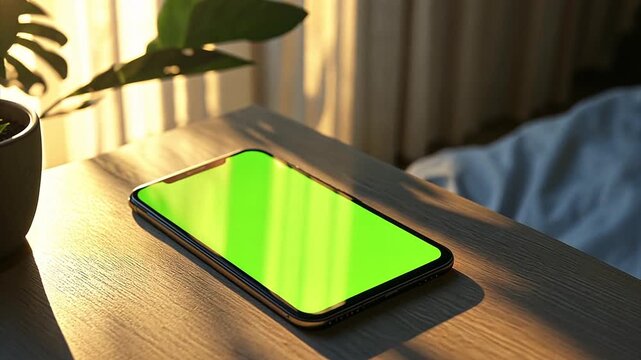 Generic smartphone laying on a bedside table next to a houseplant with light and shadows from a nearby window shade streaming across the desk and phone. Screen on phone is a chroma key green screen.