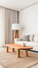 Minimalist Living Room with Beige Sofa and Wooden Coffee Table