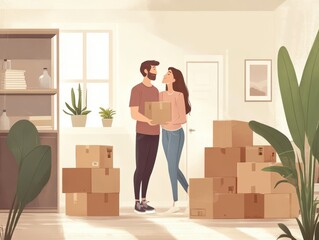 Young Couple in Their New Home Surrounded by Packed Boxes on Moving Day - Cartoon Illustration