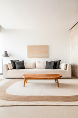 Fototapeta premium Modern living room with wooden coffee table and neutral decor