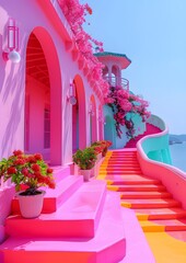 A pink building with a pink staircase and pink flowers
