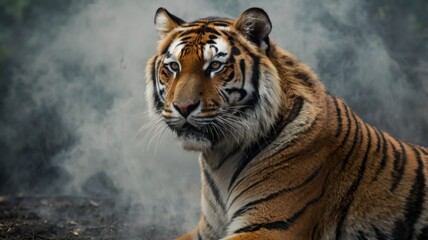 Naklejka premium Portrait of a beautiful Tiger in the jungle with smoke background.