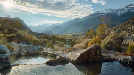 The tranquil mountain peak of the cliff edge hot spring in the twilight mountainous area, where the steam white of dusk blends with the rock ash on the mountain, creates a natural paradise for relaxat