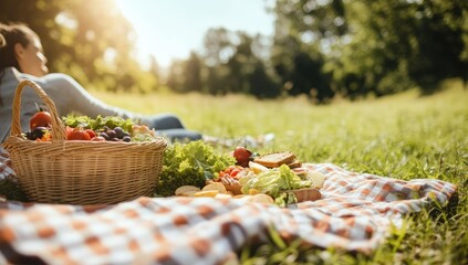 Picnic basket with food on blanket in a field.