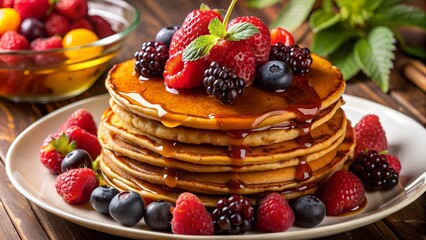 Whole grain pancakes served with maple syrup and berries with a delicious and hearty vibe against a rustic table backdrop  
