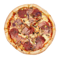 A slice of pizza bacon, ingredient becon and mozarella, isolated on white