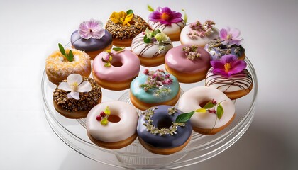 Obraz premium An elegant vertical arrangement of gourmet donuts on a clear acrylic stand, each donut decor.