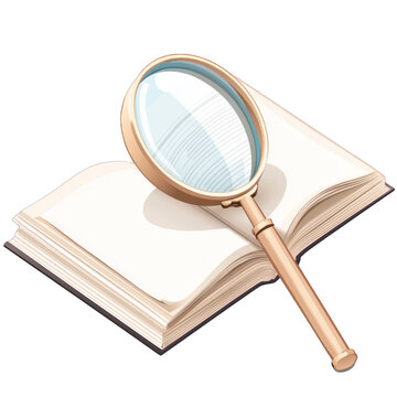 An open book with a magnifying glass, symbolizing research, discovery, and close examination of knowledge. transparent background