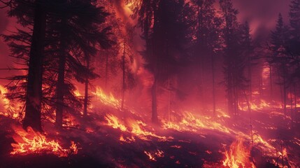 Wind blowing on flaming trees in a forest fire