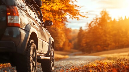 A serene autumn scene with a car parked on a gravel road surrounded by vibrant fall foliage and warm golden light.