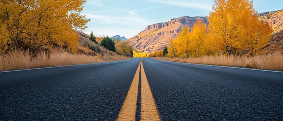 A picturesque road surrounded by vibrant autumn foliage and majestic mountains under a clear sky, perfect for travel and adventure.