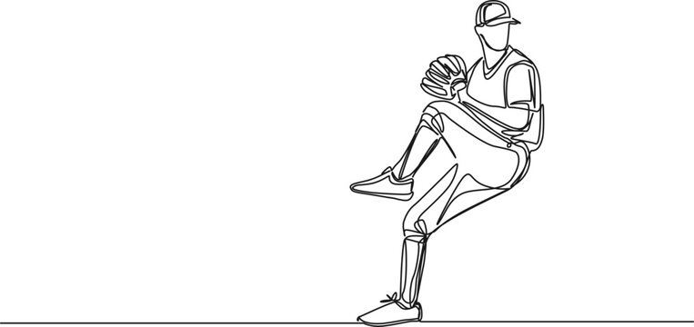 continuous single line drawing of baseball pitcher, line art vector illustration