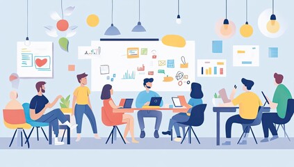 Fototapeta premium A group of people in a meeting with a whiteboard.