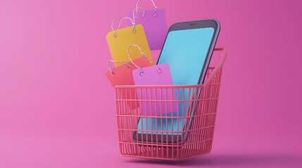 A red shopping basket with a smartphone and colorful shopping tags on a pink background.