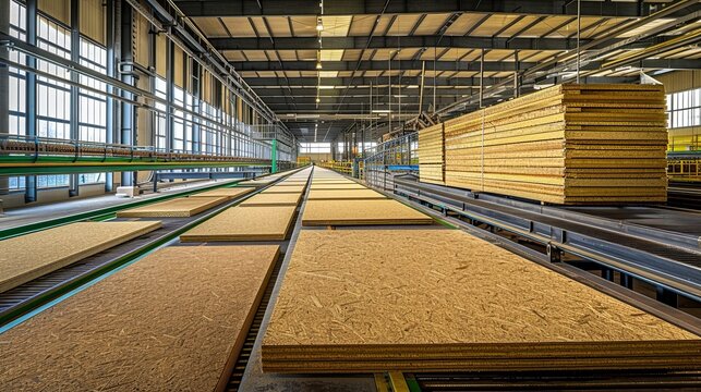 Workshop for the production of fiberboard, particleboard, LDF or MDF.  Veneered Chipboard. Illustration for banner, poster, cover, brochure or presentation.