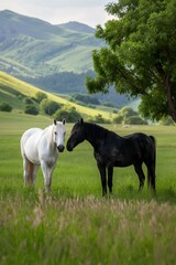 Obraz premium Two horses standing in a field, one white and one black. The scene is peaceful and serene, with the horses looking at each other