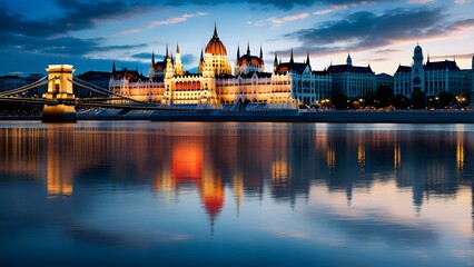 Fototapeta premium Hungarian Parliament building with reflection in Danube river at sunset.
