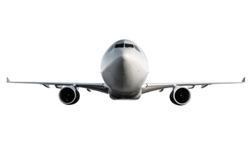 Front view of the wide body passenger jet plane fly isolated