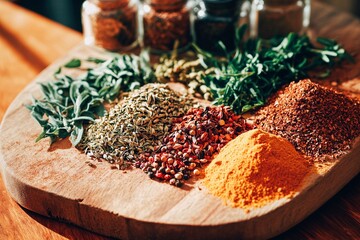 Variety of Spices on Wooden Board