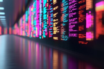 Obraz premium Digital background featuring colorful lights and data streams on the right side, creating an abstract tech-inspired backdrop