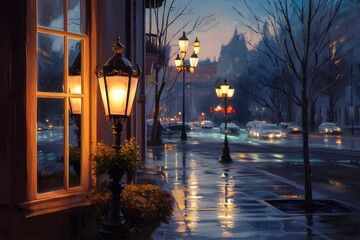 Night photo in heavy fog. Primorsky boulevard decorated with multi-colored lights and the reflection of lanterns and lights in the puddles.
