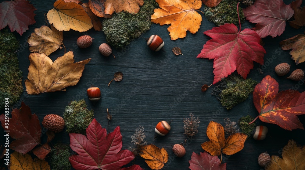 Poster a beautiful display of vibrant autumn leaves and nuts is arranged on a dark wooden background, captu