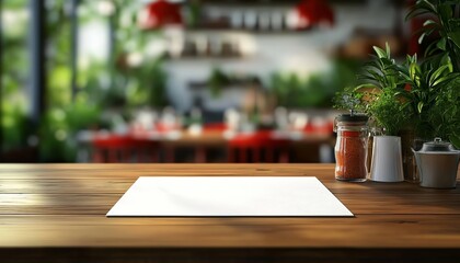 Empty wooden table with blank paper sheet in a cozy kitchen setting, perfect for design and presentation purposes.