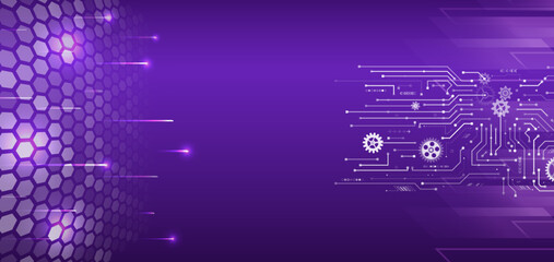 Abstract blue futuristic background consisting of printed circuit board hexagons and other technological elements. Digital communication, data protection, high tech presentation, science cover.