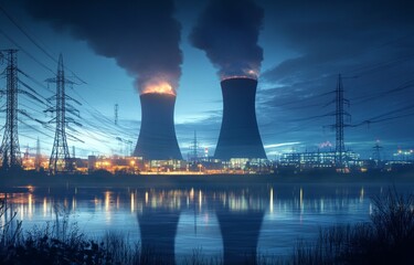 Night view of nuclear power plant with cooling towers and electricity pylons