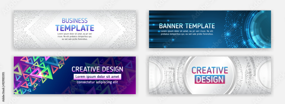 Aufkleber internet communication, science, big data, cover design set. Sci-fi vector sample concept. High-tech horizontal banner template. Modern banner design with technology element. Data protection,