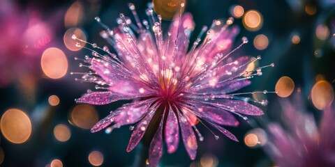 A breathtakingly stunning pink flower gracefully adorned with glistening droplets and a dreamy bokeh background
