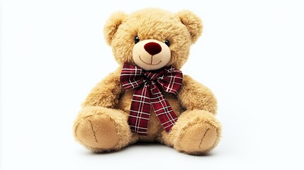 Obraz premium A cute teddy bear with a plaid bow, perfect for gifts and comfort.
