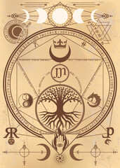 magic alchemy drawing of tree and moon on old parchment color background poster with abstract symbol and writing