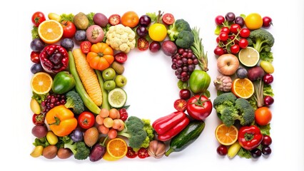 Vibrant and colorful alphabet letters constructed from an assortment of fresh fruits, vegetables, and nuts, arranged artfully against a white background.