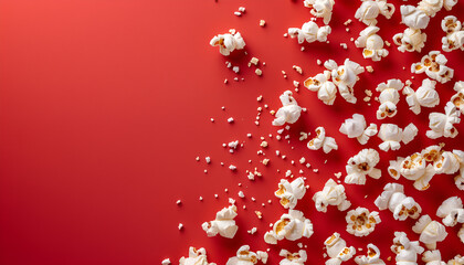 Delicious popcorn on red background, top view. Space for text
