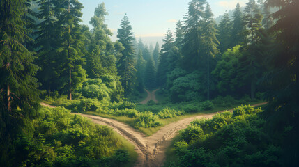 Two paths diverging in a forest one bright and one dark representing the contrast between good and bad