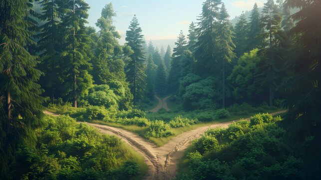 Two paths diverging in a forest one bright and one dark representing the contrast between good and bad