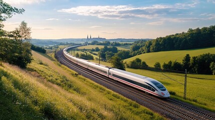High-Speed Journey Through Idyllic Countryside: A modern high-speed train speeds through a picturesque landscape of rolling hills, lush fields, and a distant town